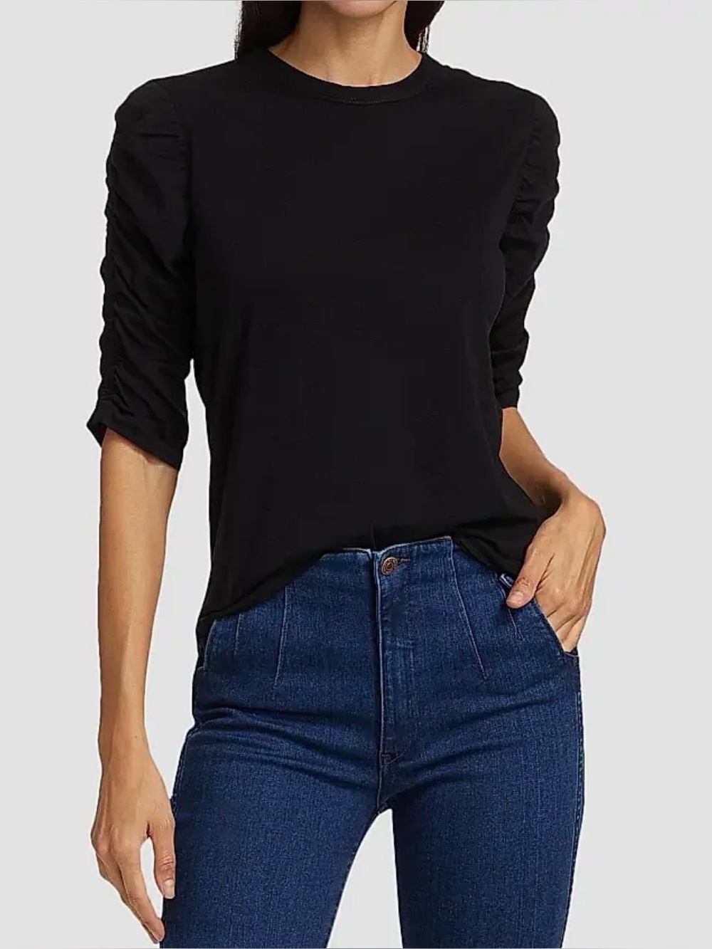Veronica Beard Waldorf Ruched-Sleeve T-Shirt Black Sz Small Pima Cotton